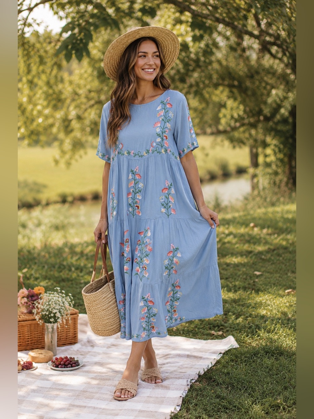 Boho Chic Wedding Orange Creek Blue Embroidered Maxi Dress Size L Tiered Lined